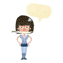 cartoon woman with knife between teeth with speech bubble
