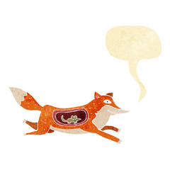 cartoon fox with mouse in belly with speech bubble