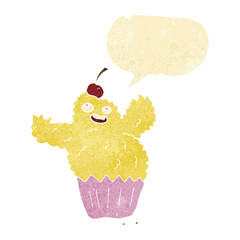 cartoon cupcake monster with speech bubble