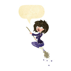 cartoon witch riding broomstick with speech bubble