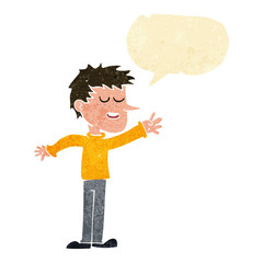 cartoon happy man reaching with speech bubble