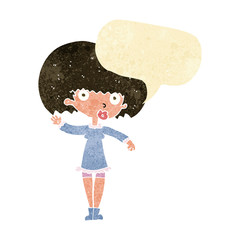 cartoon waving girl with speech bubble