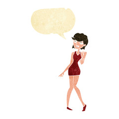 cartoon woman in cocktail dress with speech bubble