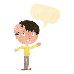 cartoon boy with growth on head with speech bubble