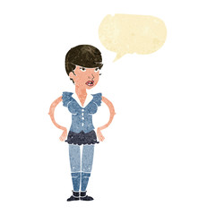 cartoon woman with hands on hips with speech bubble