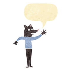 cartoon waving wolf man with speech bubble