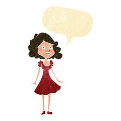 cartoon happy woman in dress with speech bubble