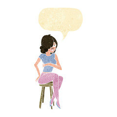 cartoon woman sitting on bar stool with speech bubble
