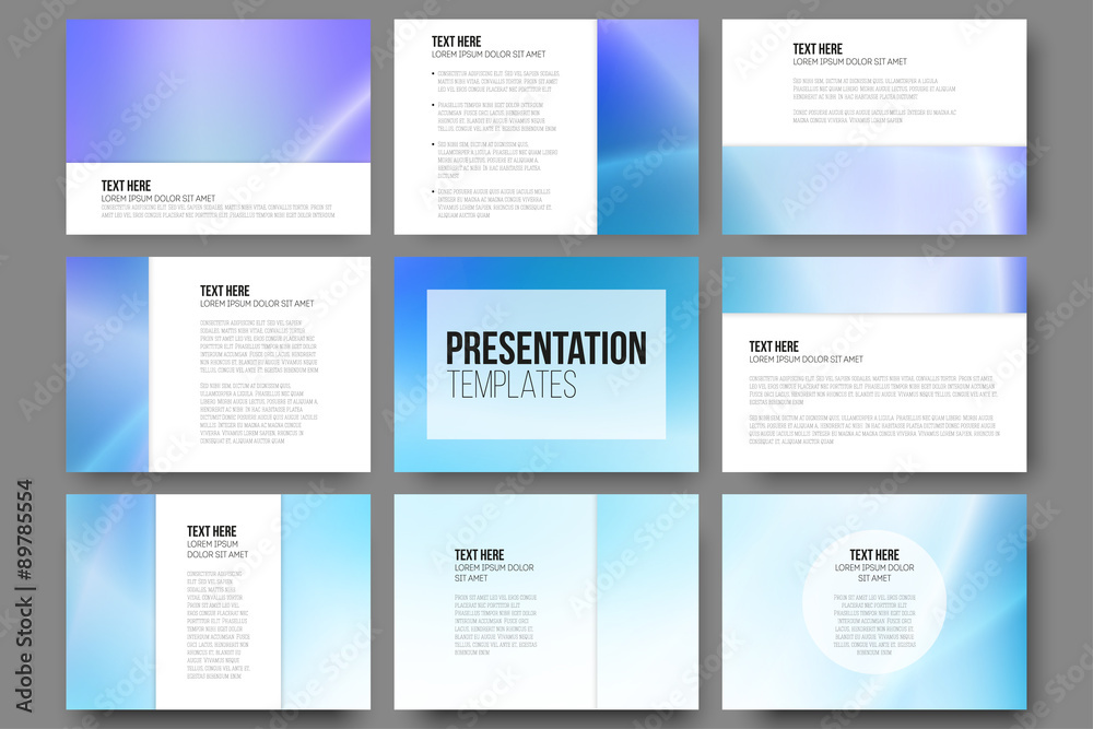 Poster set of 9 vector templates for presentation slides. blue abstract