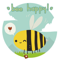 Cartoon funny bee happy flat icon.