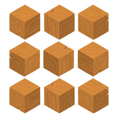 Cartoon Isometric wood game brick cubes set.