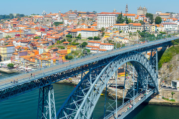 Porto historic city centre with Ponte Luis I Bridge over Douro river from lookout of Mosteiro da...