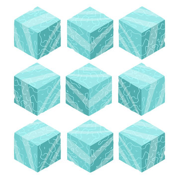 Cartoon Isometric ice game brick cubes set.