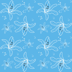 Seamless Pattern lily flowers on blue
