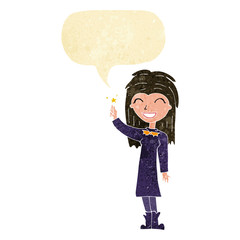 cartoon friendly witch girl with speech bubble