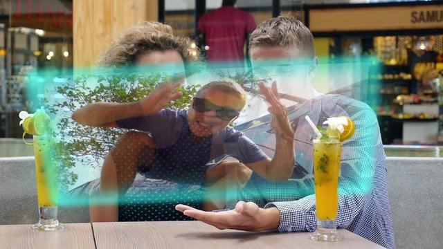 Couple Use Futuristic Hologramic Interface. Hi-tech Concept