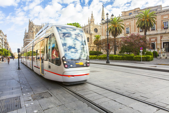 Tram at Constitution Avenue. Seville city center,