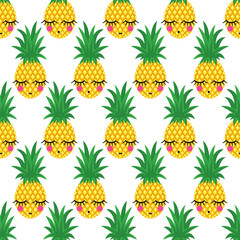 Seamless pattern with smiling sleeping pineapples for kids holidays. Vector pineapple background. Cute summer fruit illustration. Exotic summer concept. Cute bright baby shower vector background. - 89787706
