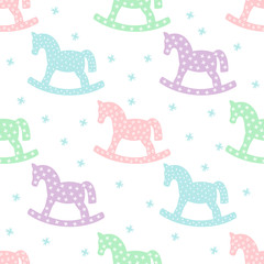 Seamless pattern with rocking horses. Cute baby shower background. Pastel colors child play illustration.