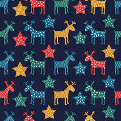 Xmas vector illustration. Colorful seamless Christmas pattern - reindeer and stars. Vector design for winter holidays on dark blue background. Child drawing style scandinavian concept card.