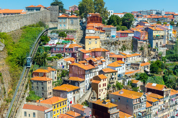 Porto historic city centre and Funicular dos Guindais from Ponte Luis I Bridge, Portugal