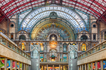 Interior of Antwerp central railway station, Belgium.  