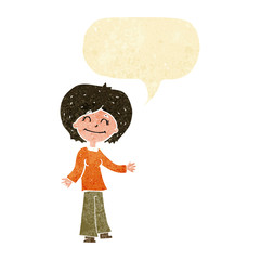 cartoon happy woman with speech bubble
