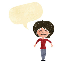 cartoon woman shrugging shoulders with speech bubble
