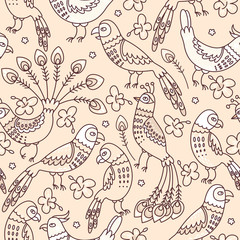 Seamless parrots and peacocks