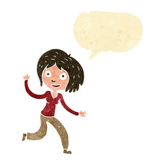 cartoon happy waving girl with speech bubble