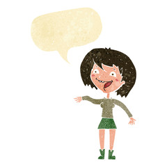 cartoon waving woman with speech bubble