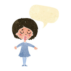 cartoon woman in dress with speech bubble