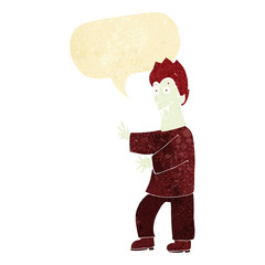 cartoon vampire waving hands with speech bubble