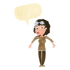 cartoon woman wearing goggles with speech bubble