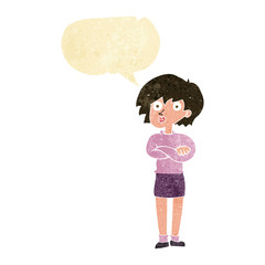 cartoon woman wit crossed arms with speech bubble
