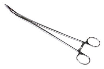 a pair of stainless steel surgical forceps over a white background