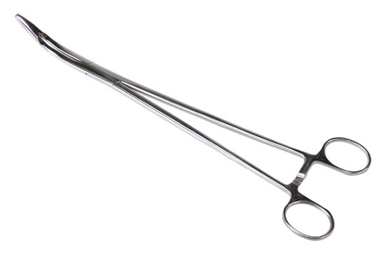 A Pair Of Stainless Steel Surgical Forceps Over A White Background