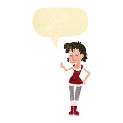 cartoon woman making dismissive gesture with speech bubble