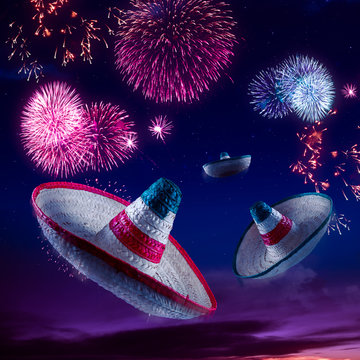 High contrast image of Mexican hats / sombreros in the sky with