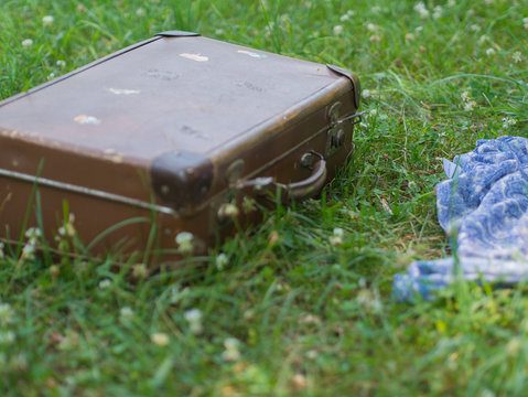 brown suitcase on the green grass