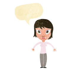 cartoon woman shrugging shoulders with speech bubble