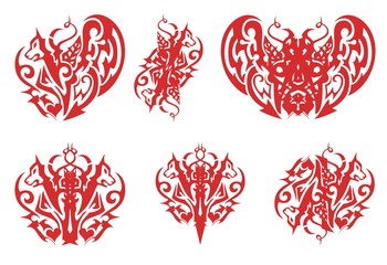 Tribal red wolf heart, wolf crown, devil butterfly and other wolf symbols