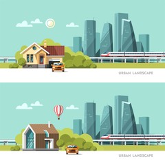 Family home. Traditional and modern house. Cityscape background. Urban landscape. Downtown with skyscrapers and railway. Vector flat illustration.