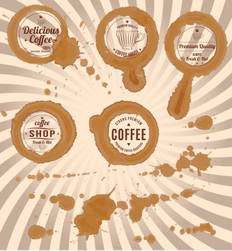 set of coffee stains with stamps and splashes