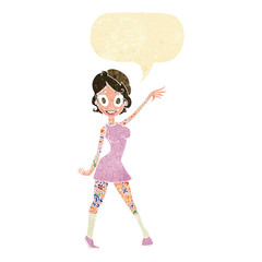 cartoon woman with tattoos with speech bubble
