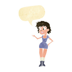 cartoon worried woman in dress pointing with speech bubble