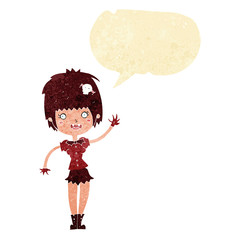 cartoon waving vampire girl with speech bubble