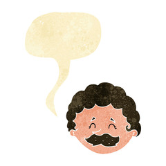 cartoon man with mustache with speech bubble