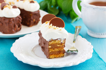 Chocolate cake with caramel, peanut cream 