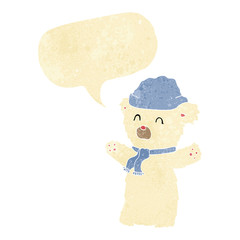 cartoon cute polar bear in hat and scarf with speech bubble